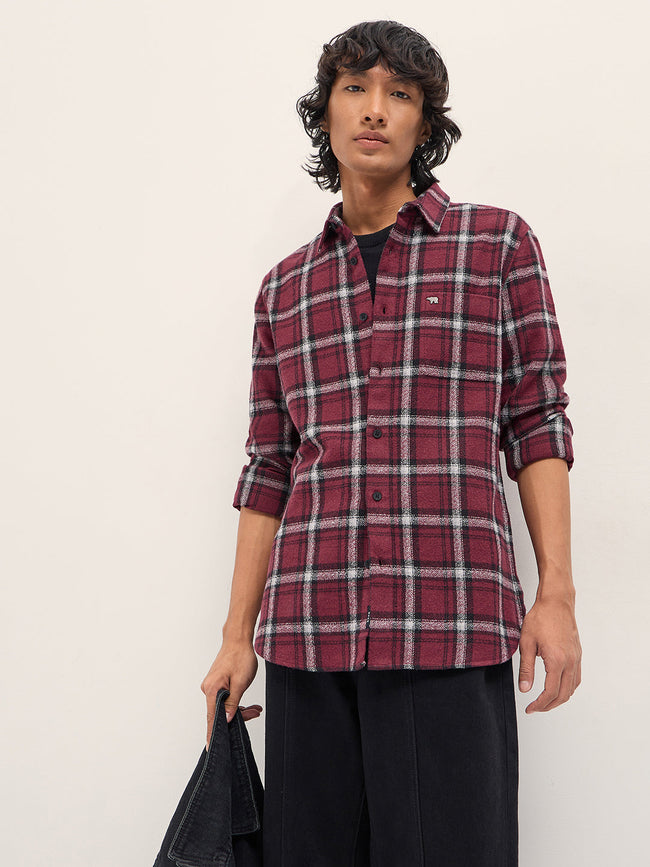 Men Maroon Slim Fit Tartan Checked Flannel Casual Shirt