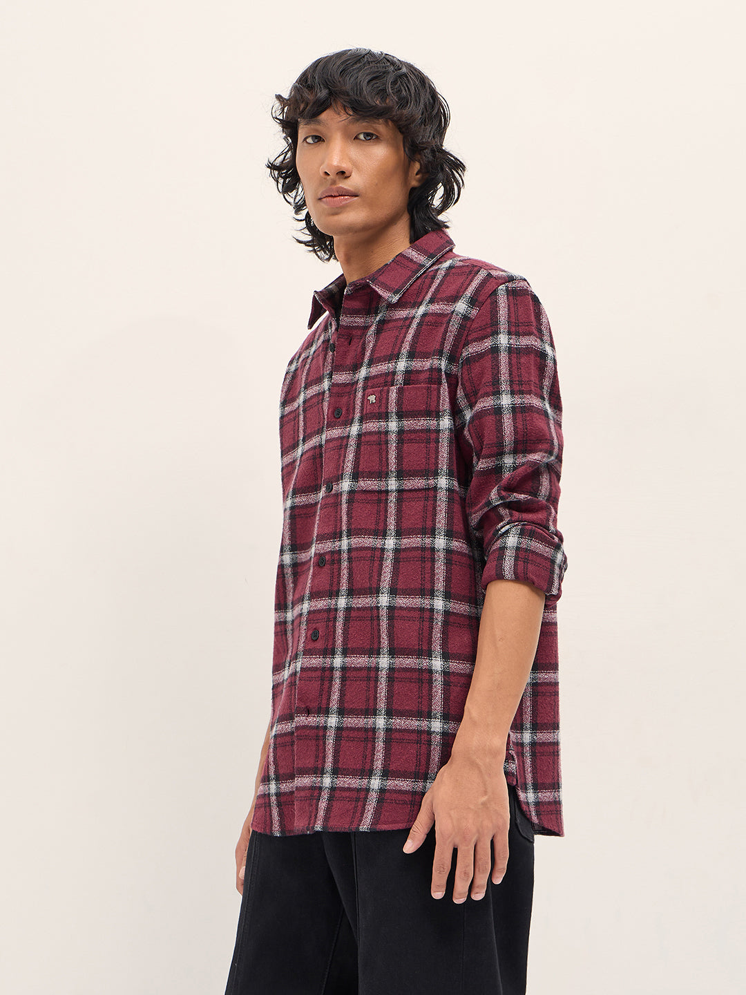 Men Maroon Slim Fit Tartan Checked Flannel Casual Shirt
