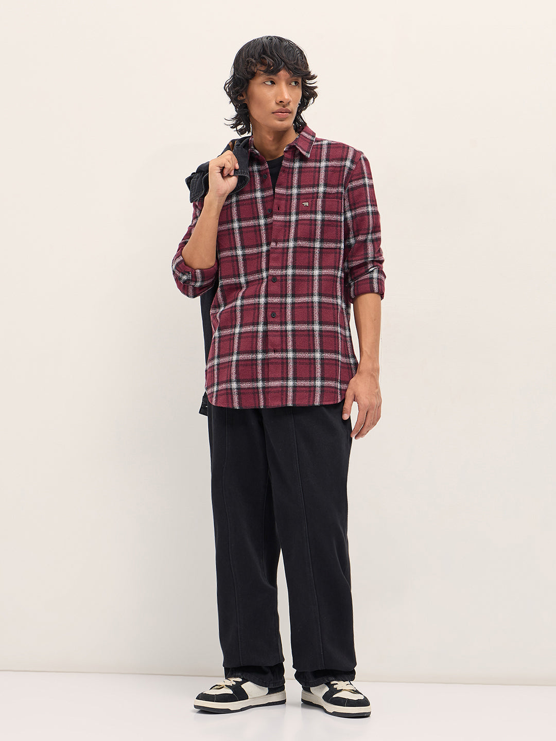 Men Maroon Slim Fit Tartan Checked Flannel Casual Shirt