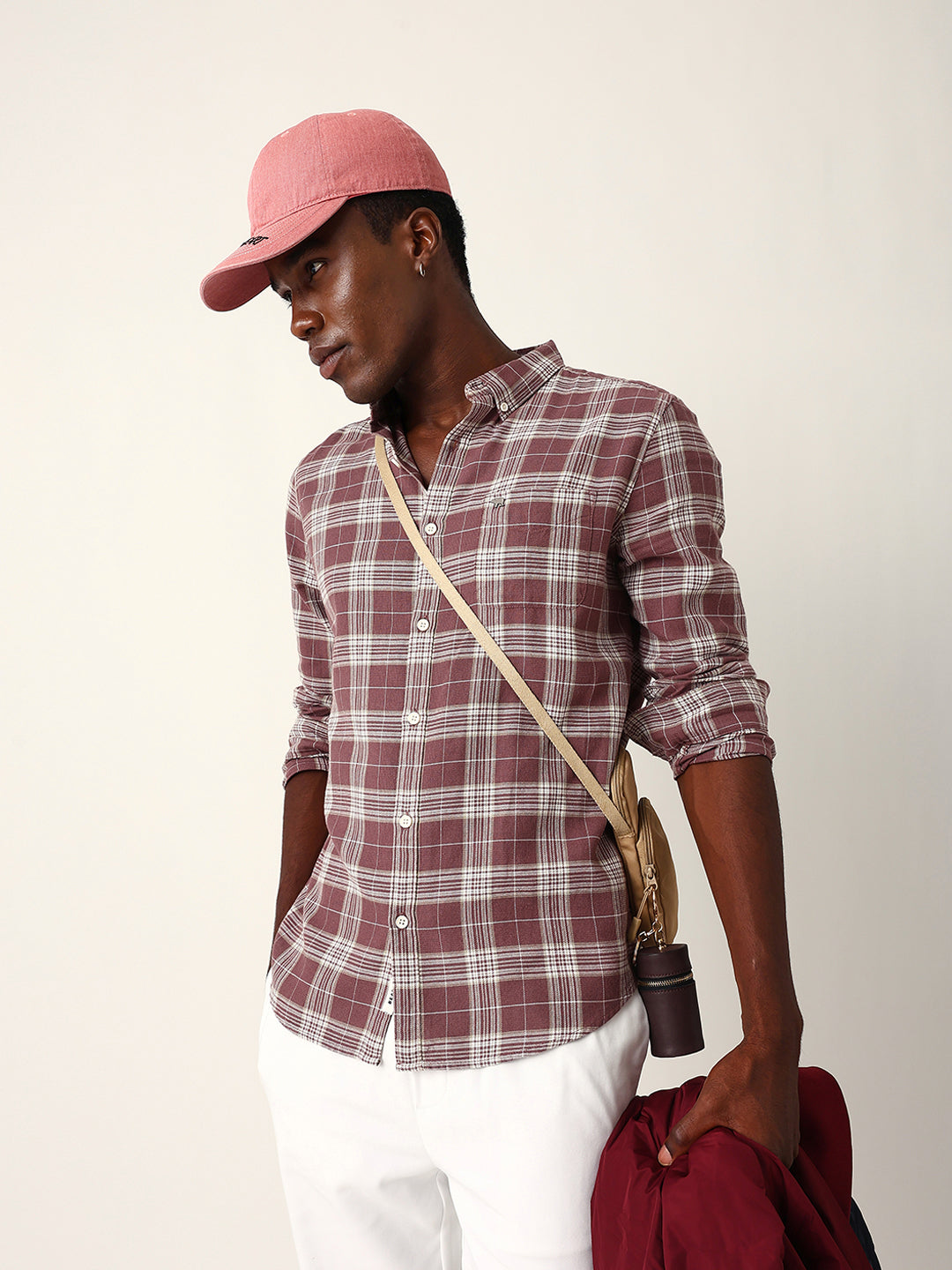 Men Maroon Cotton Checked Shirt