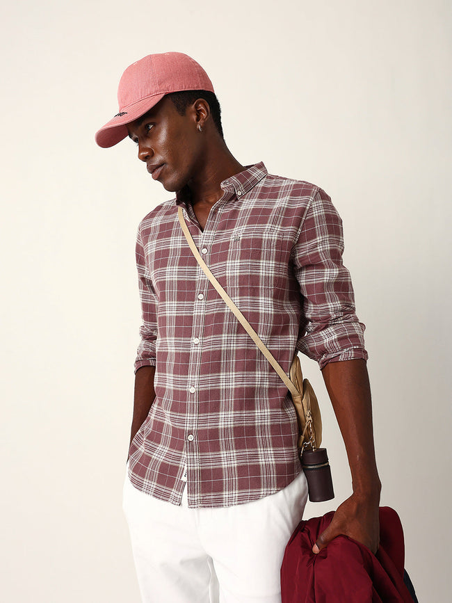 Men Maroon Cotton Checked Shirt