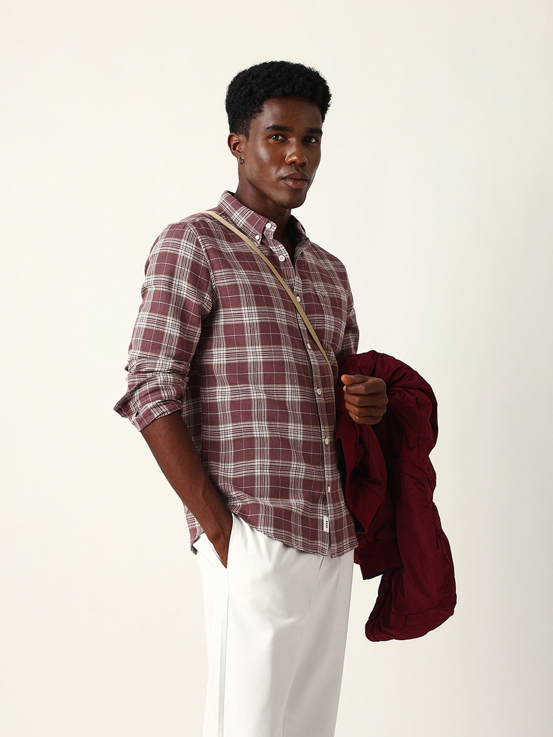 Men Maroon Cotton Checked Shirt