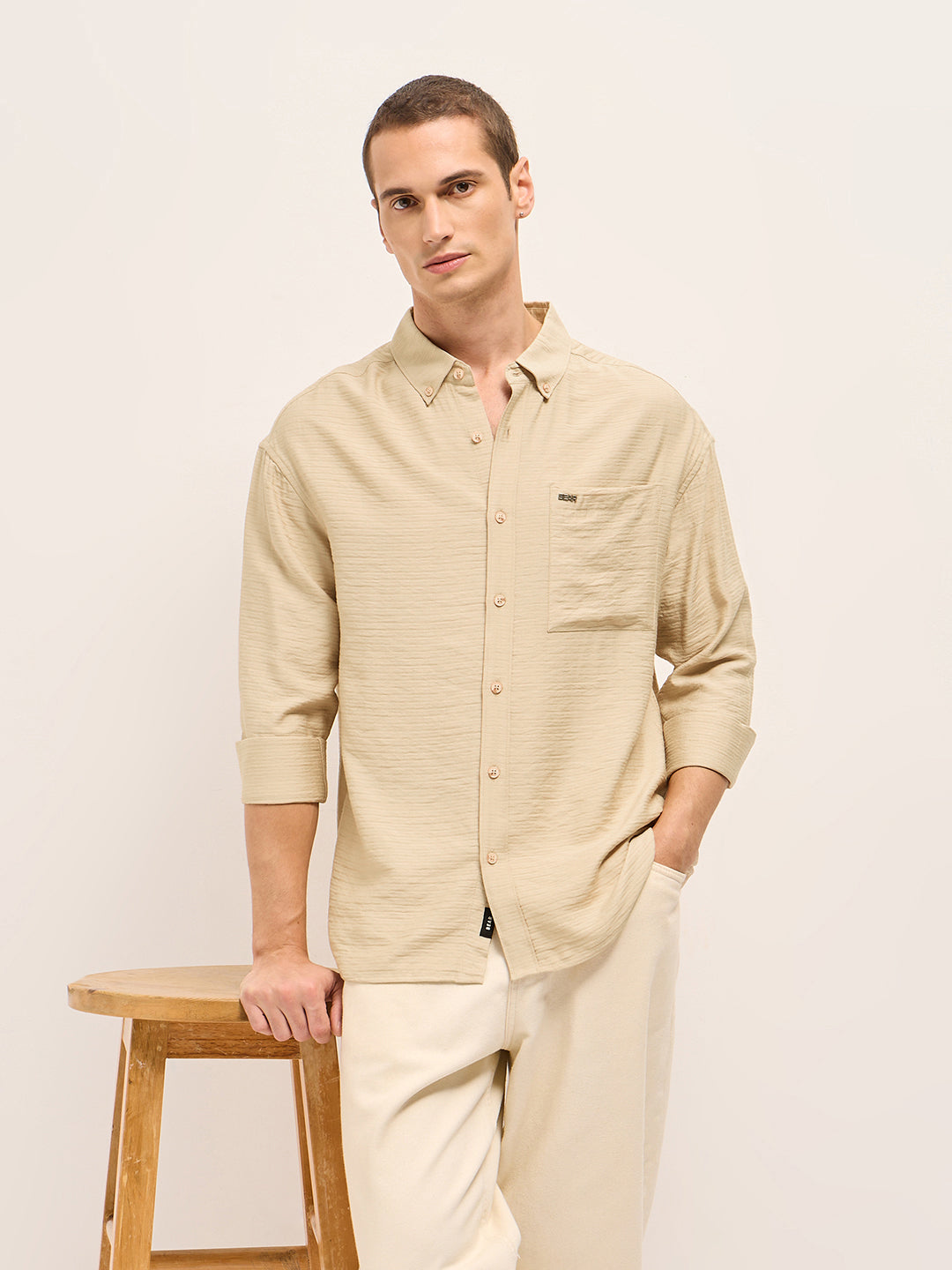 Men Cream Viscose Herringbone Design Relax Fit Casual shirt