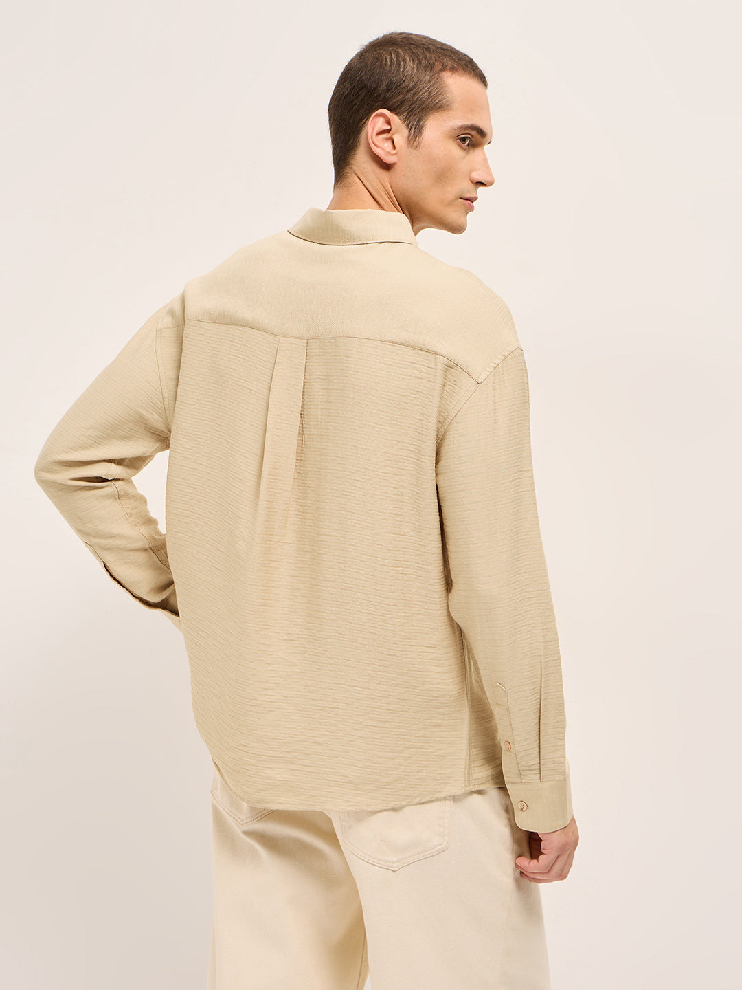 Men Cream Viscose Herringbone Design Relax Fit Casual shirt