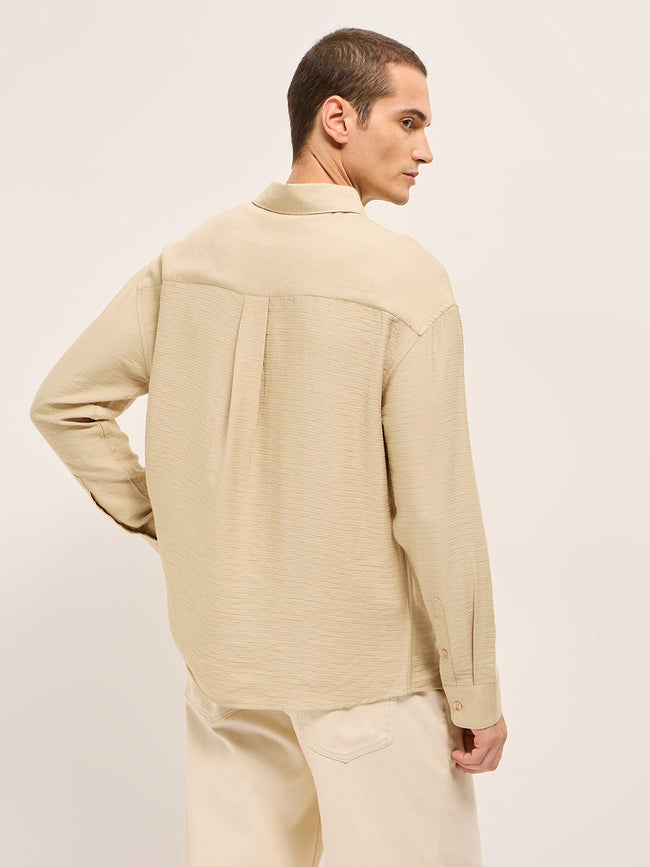 Men Cream Viscose Herringbone Design Relax Fit Casual shirt