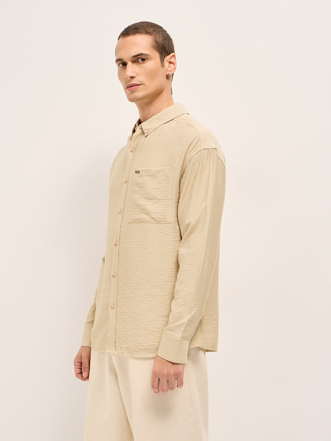 Men Cream Viscose Herringbone Design Relax Fit Casual shirt