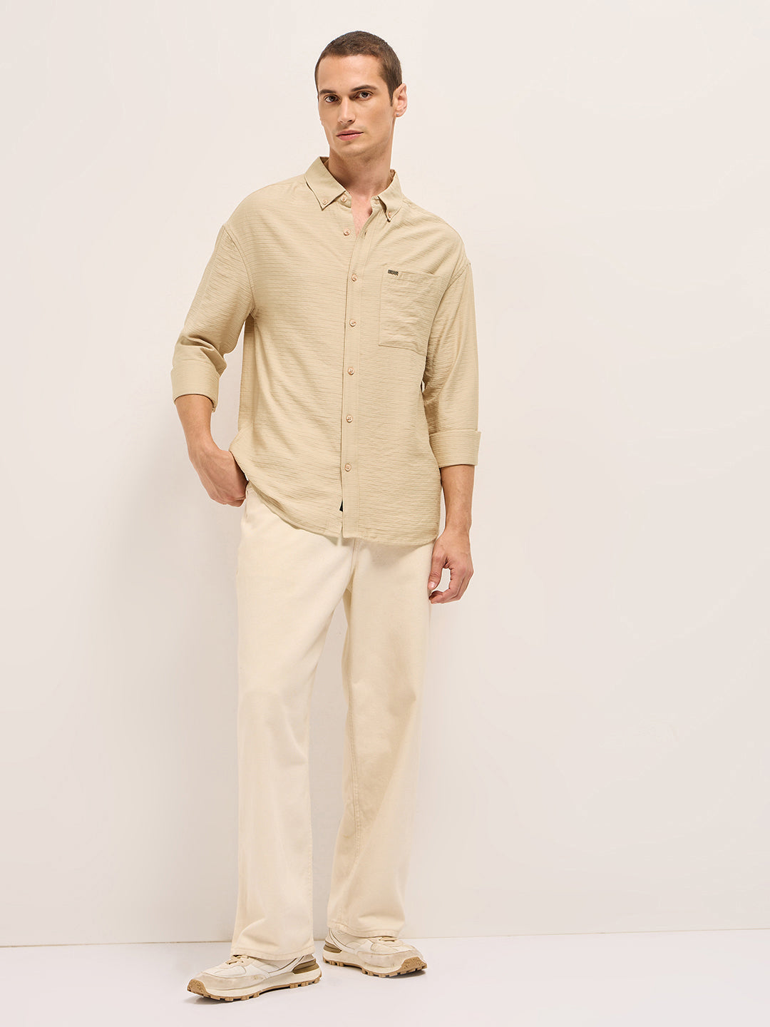Men Cream Viscose Herringbone Design Relax Fit Casual shirt