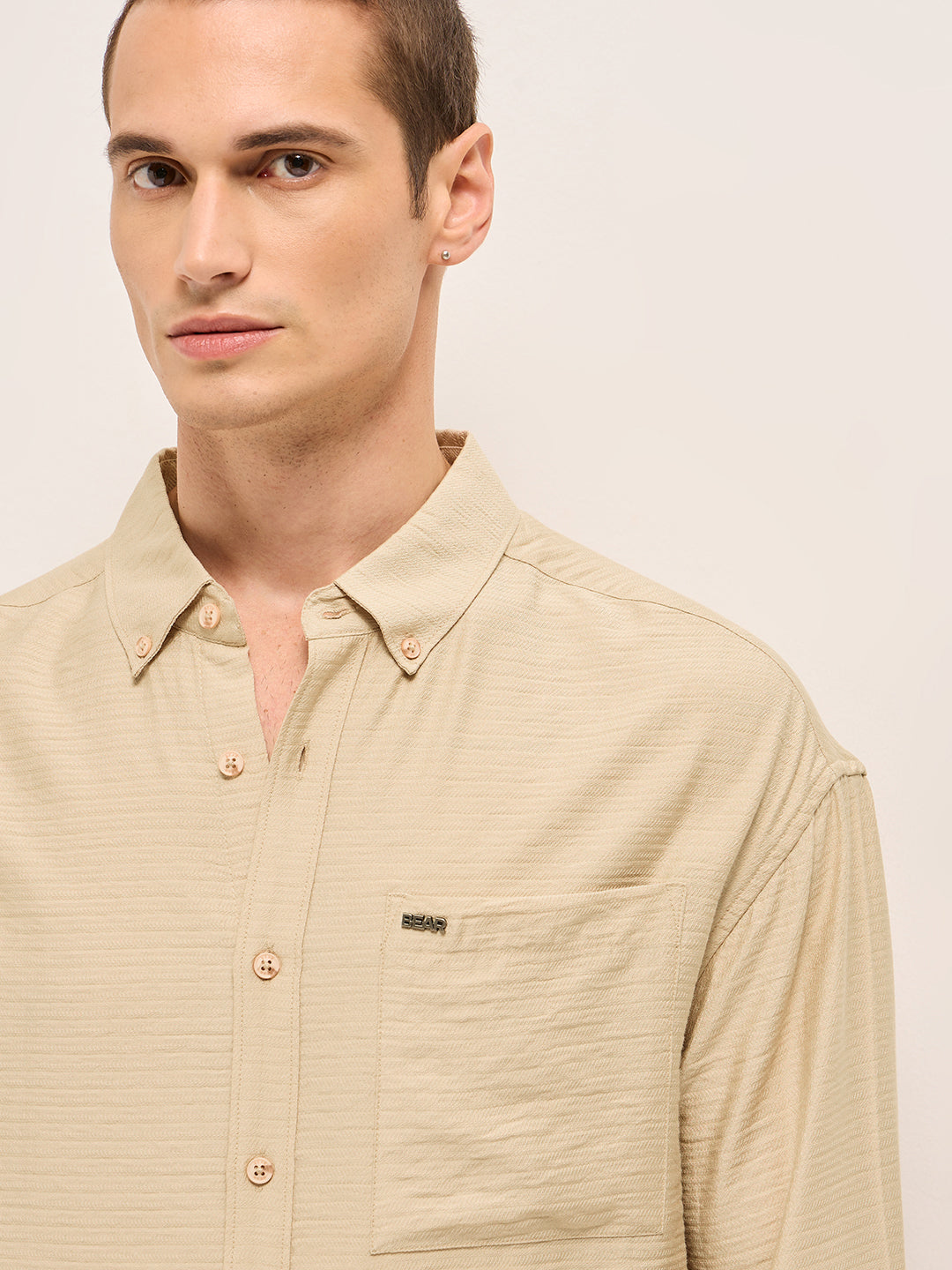 Men Cream Viscose Herringbone Design Relax Fit Casual shirt
