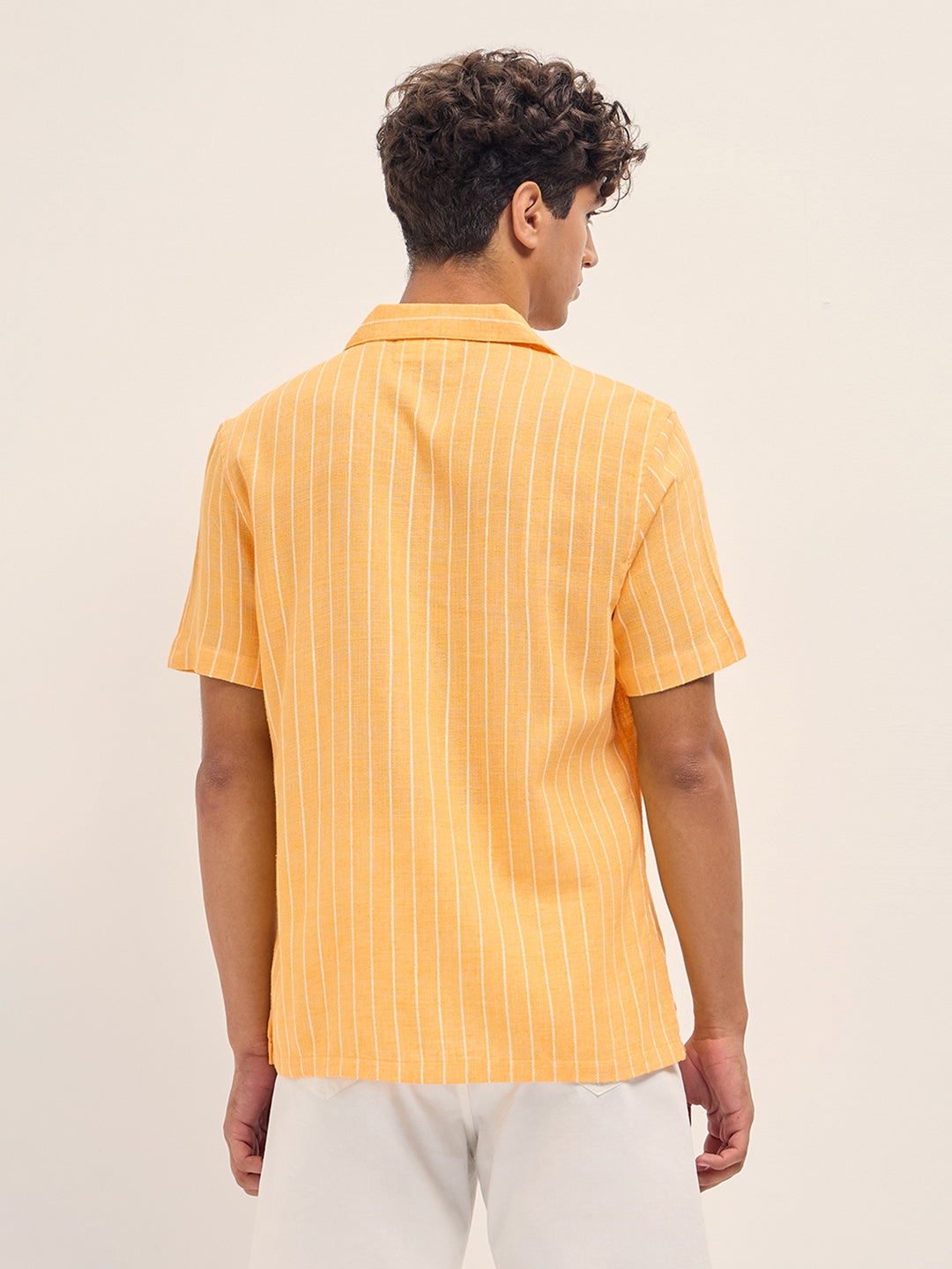 Men Yellow Linen Vertical Textured Stripe Relaxed Fit Half Sleeve Casual Shirt