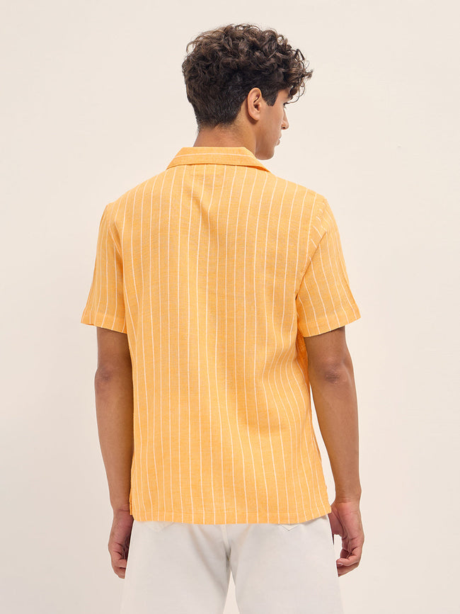 Men Yellow Linen Vertical Textured Stripe Relaxed Fit Half Sleeve Casual Shirt