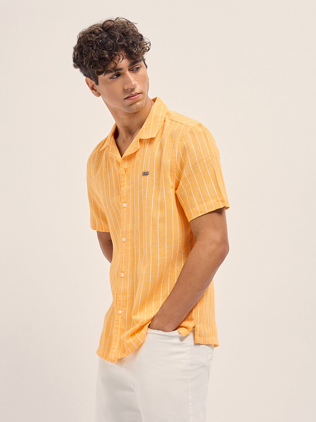 Men Yellow Linen Vertical Textured Stripe Relaxed Fit Half Sleeve Casual Shirt