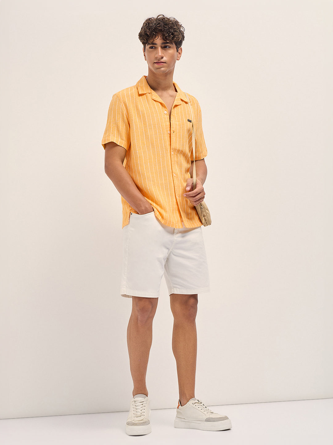 Men Yellow Linen Vertical Textured Stripe Relaxed Fit Half Sleeve Casual Shirt