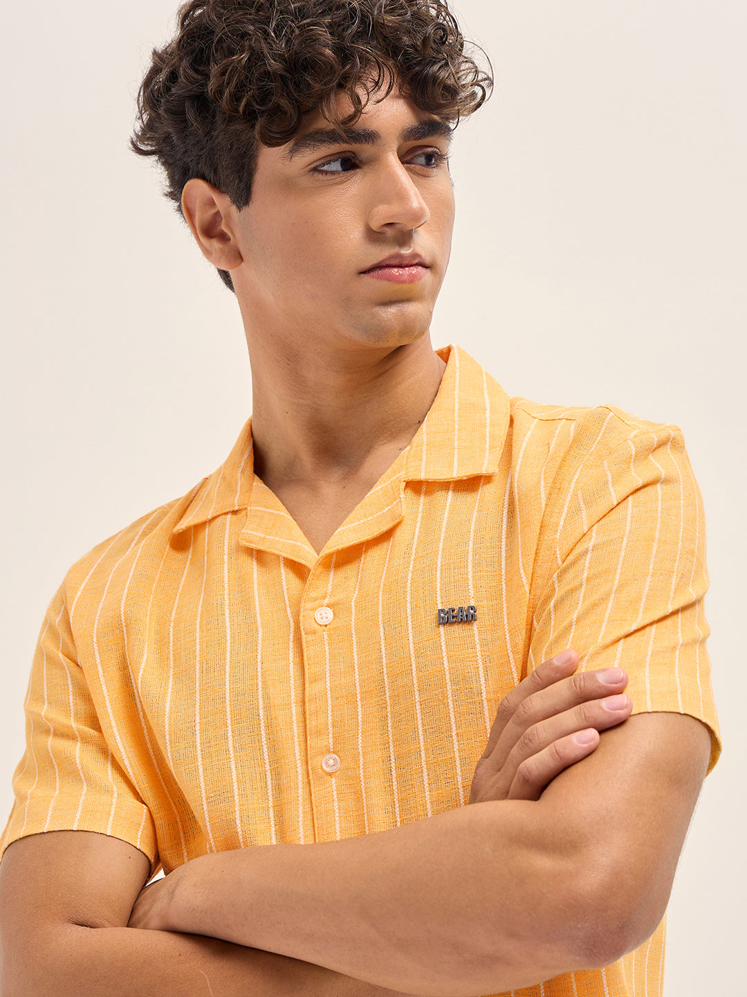 Men Yellow Linen Vertical Textured Stripe Relaxed Fit Half Sleeve Casual Shirt