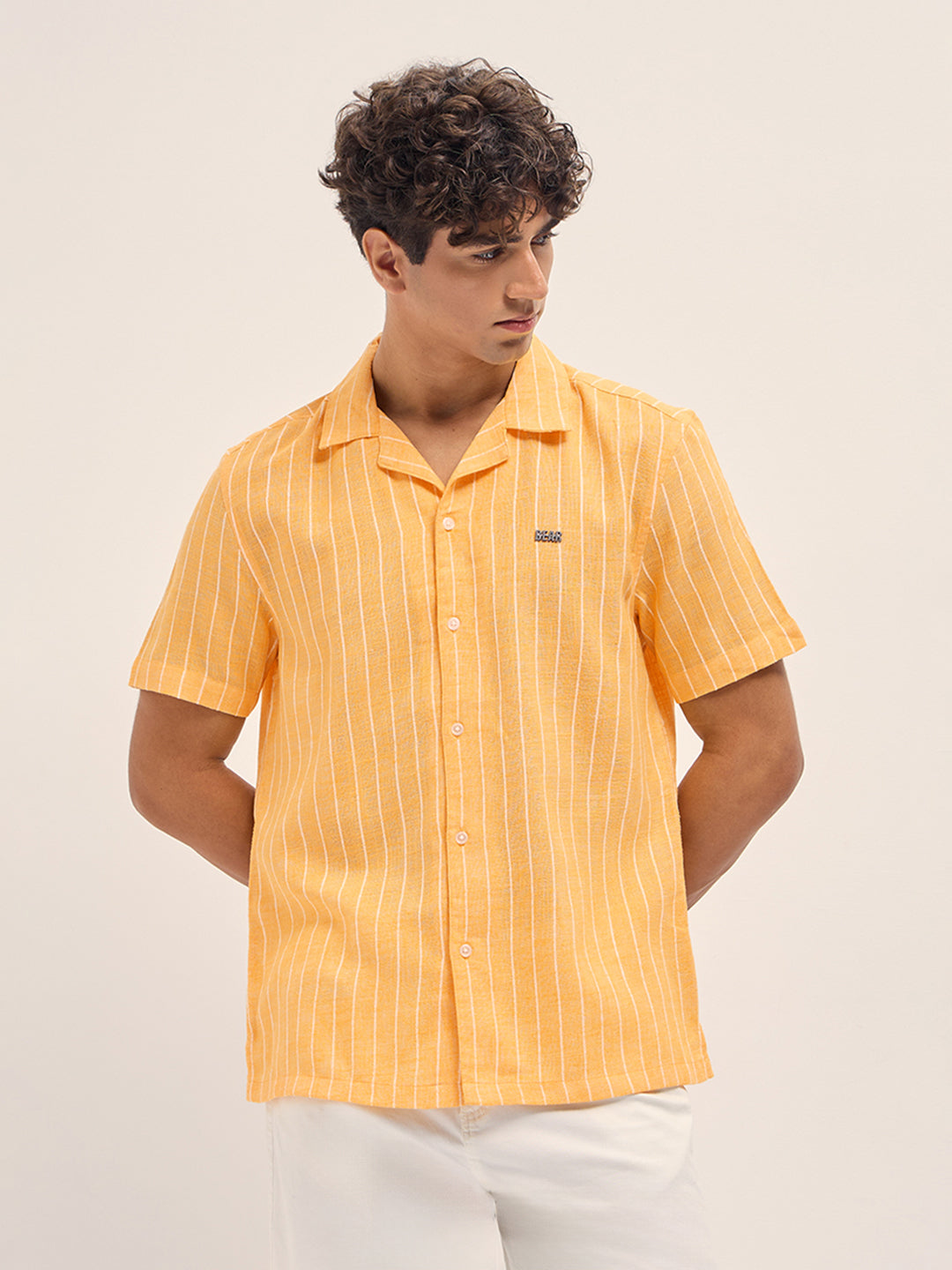 Men Yellow Linen Vertical Textured Stripe Relaxed Fit Half Sleeve Casual Shirt