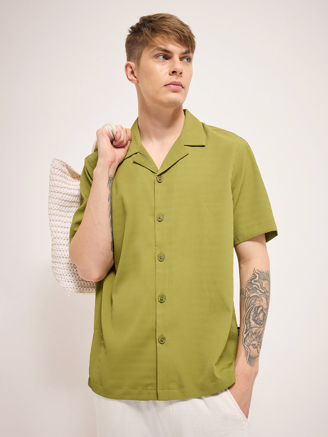 Men Pista green Self Design Regular Fit Casual Shirt