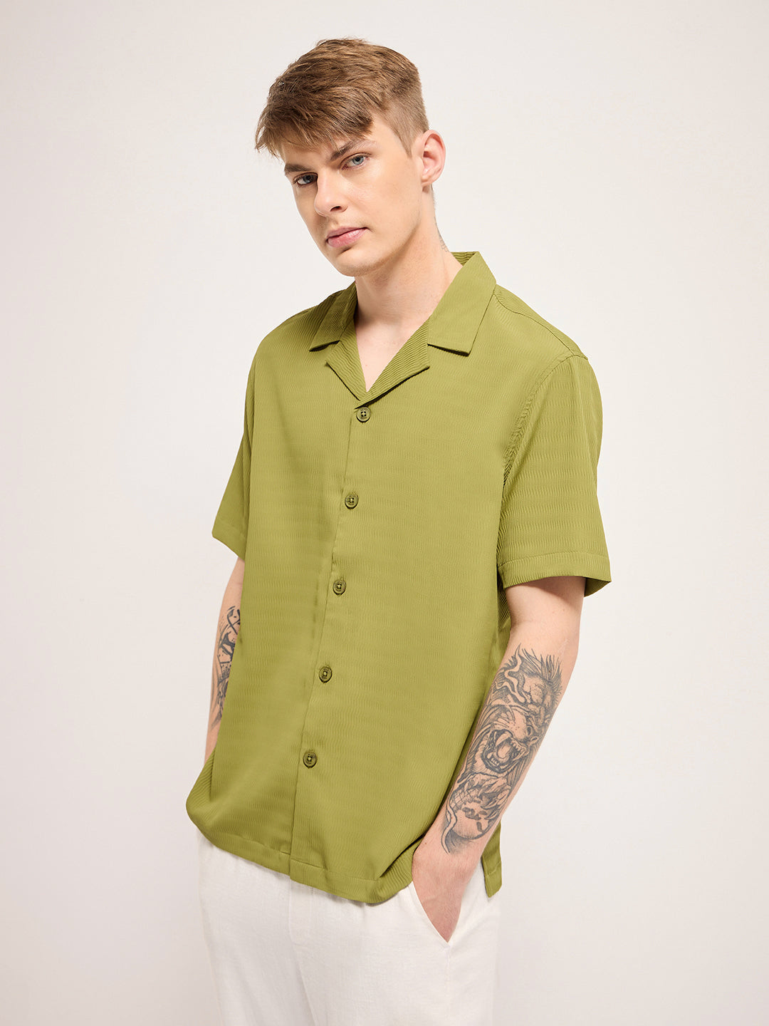 Men Pista green Self Design Regular Fit Casual Shirt