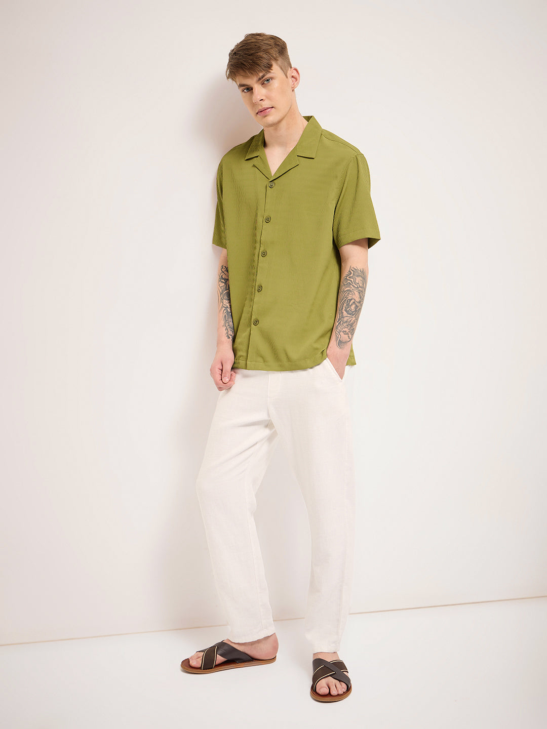 Men Pista green Self Design Regular Fit Casual Shirt