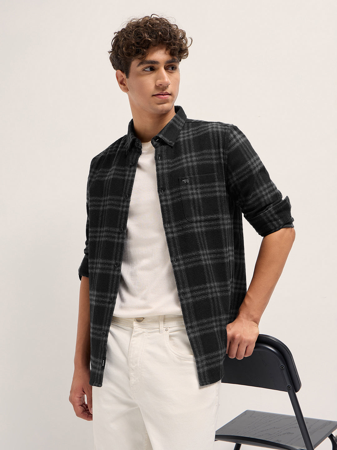 Men Black and Grey Flannel Checked Slim Fit Casual Shirt