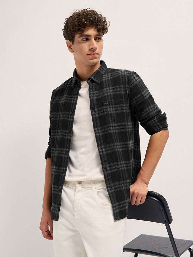 Men Black and Grey Flannel Checked Slim Fit Casual Shirt