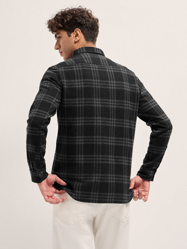 Men Black and Grey Flannel Checked Slim Fit Casual Shirt