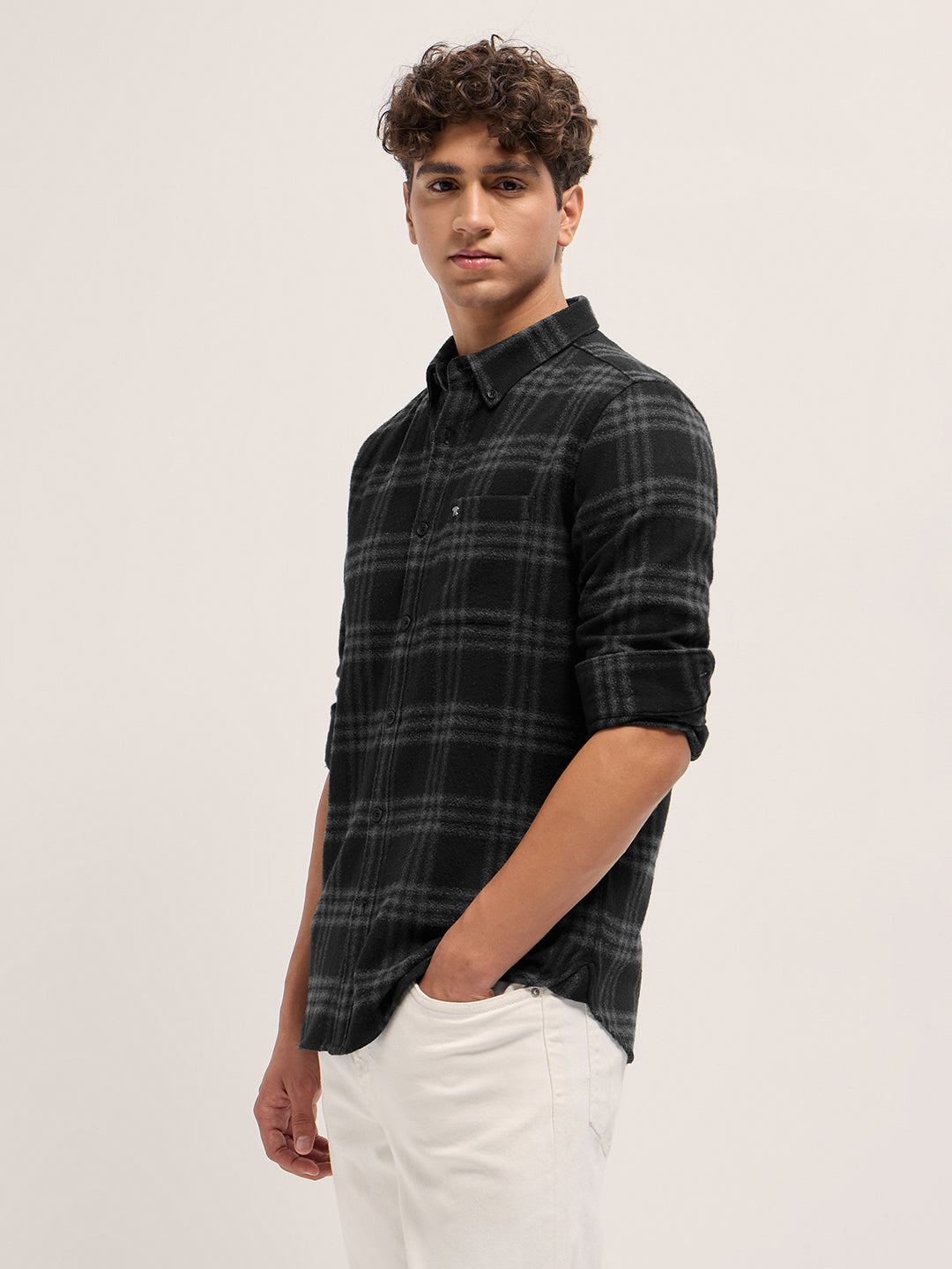 Men Black and Grey Flannel Checked Slim Fit Casual Shirt