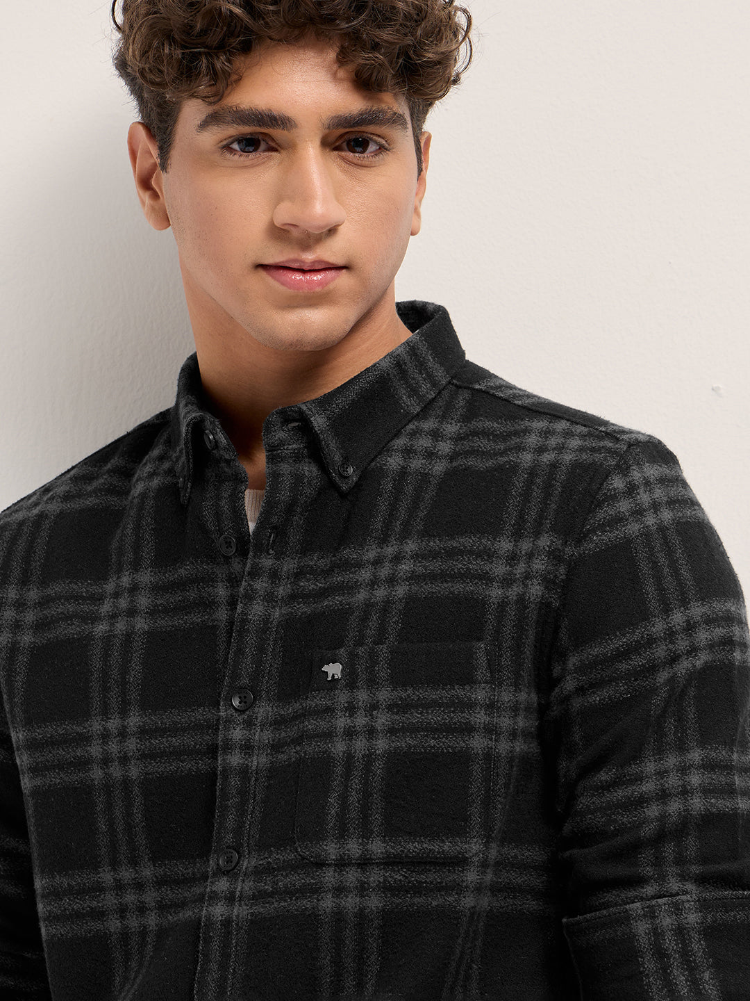 Men Black and Grey Flannel Checked Slim Fit Casual Shirt