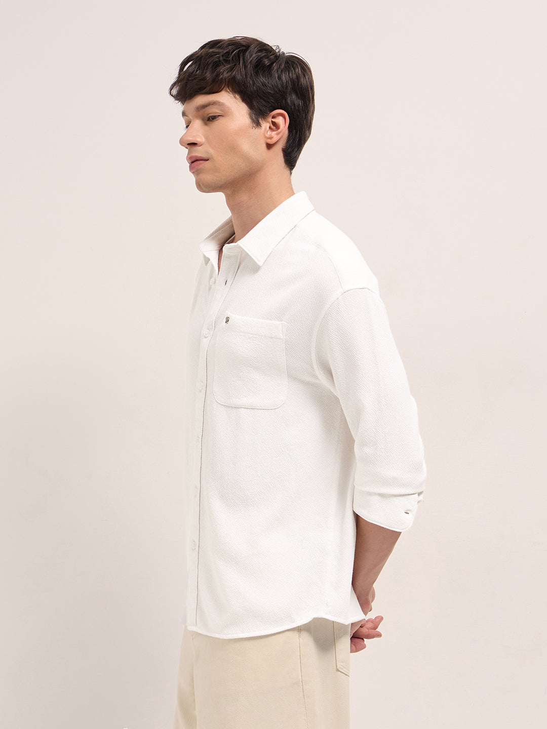 Men White Woven Textured Relaxed Fit Casual Shirt