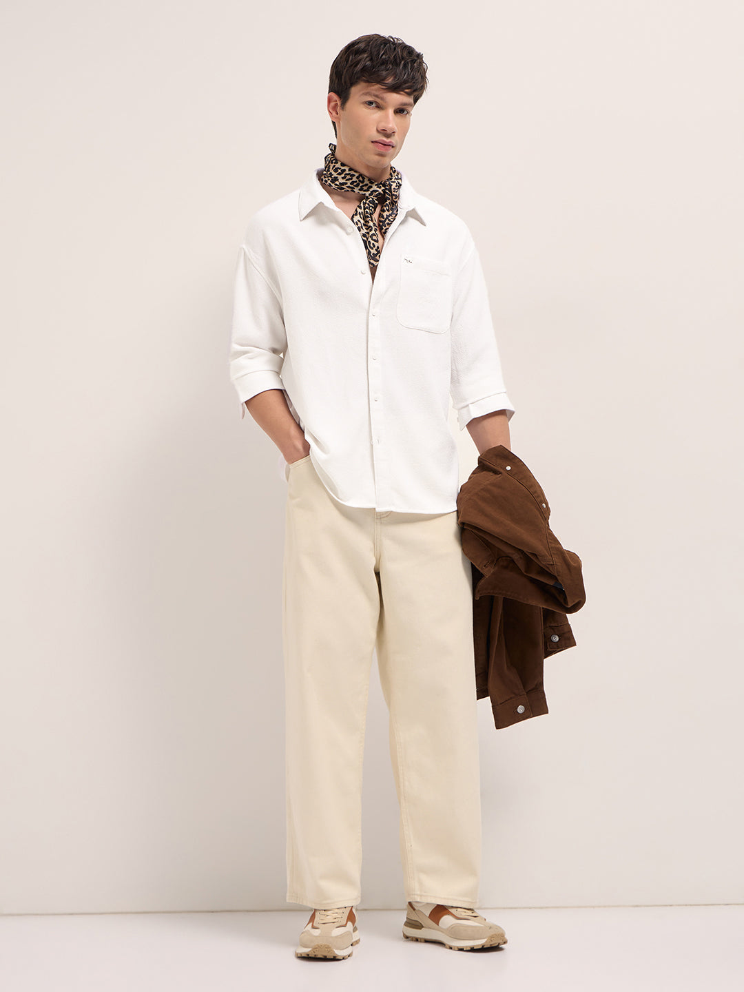 Men White Woven Textured Relaxed Fit Casual Shirt