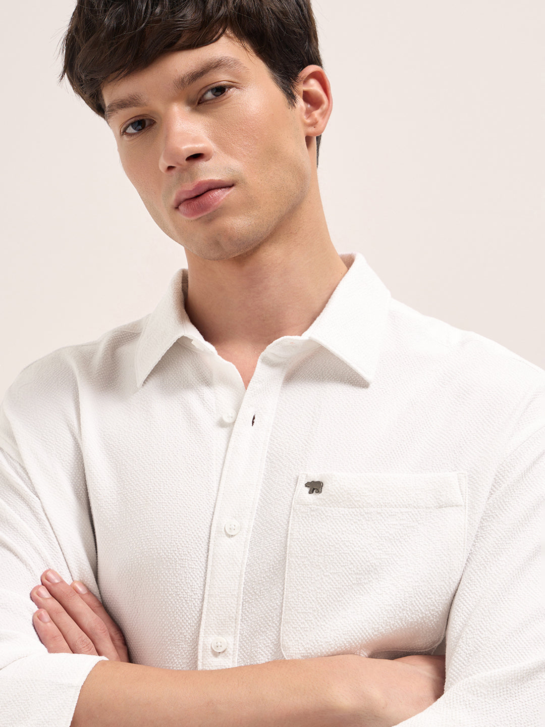 Men White Woven Textured Relaxed Fit Casual Shirt