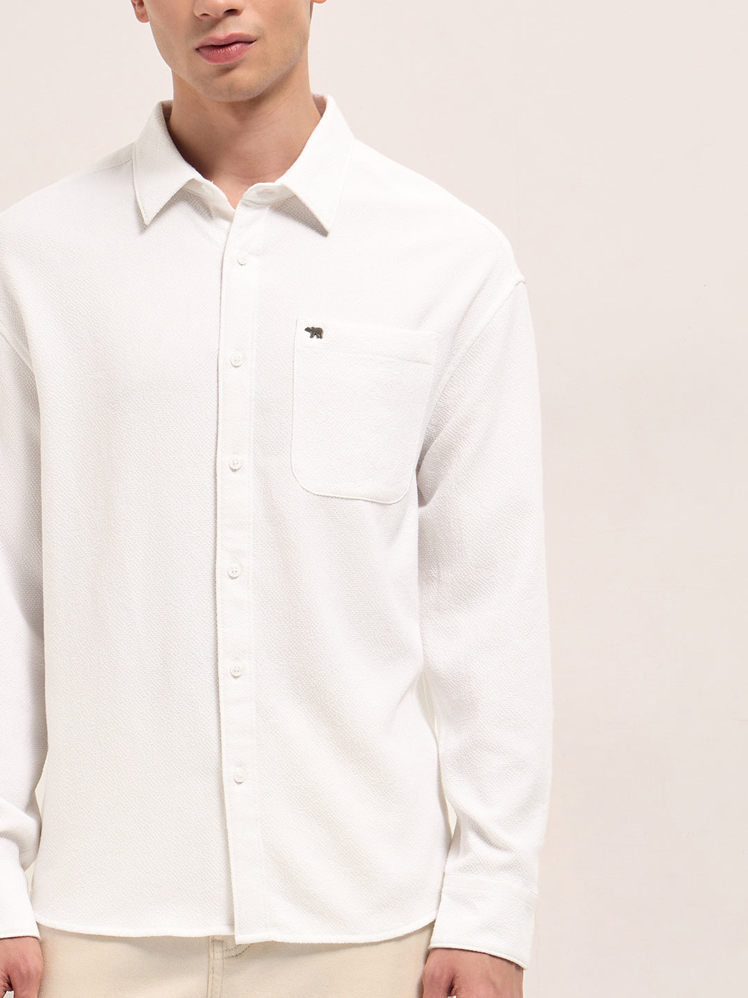 Men White Woven Textured Relaxed Fit Casual Shirt