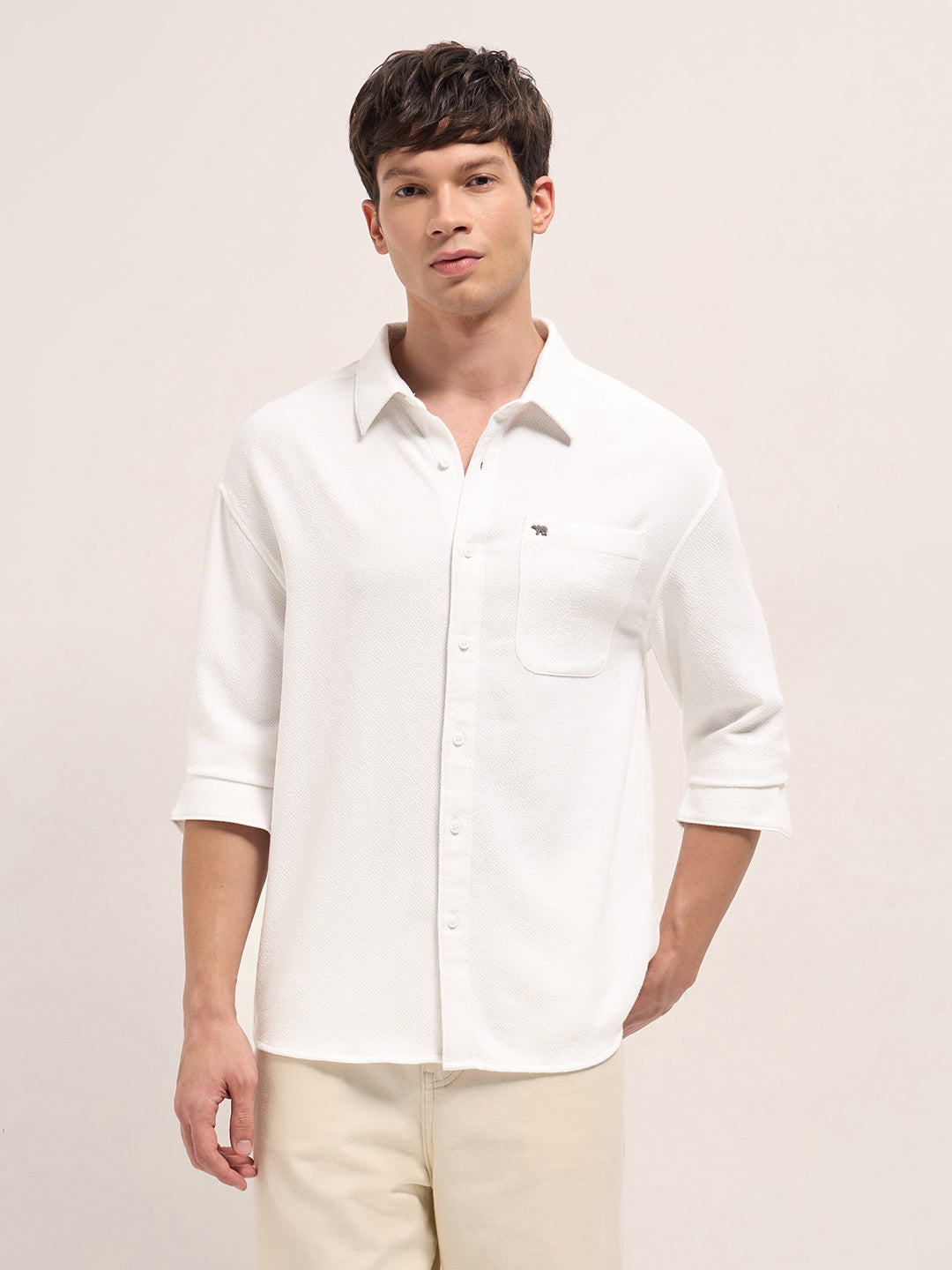 Men White Woven Textured Relaxed Fit Casual Shirt