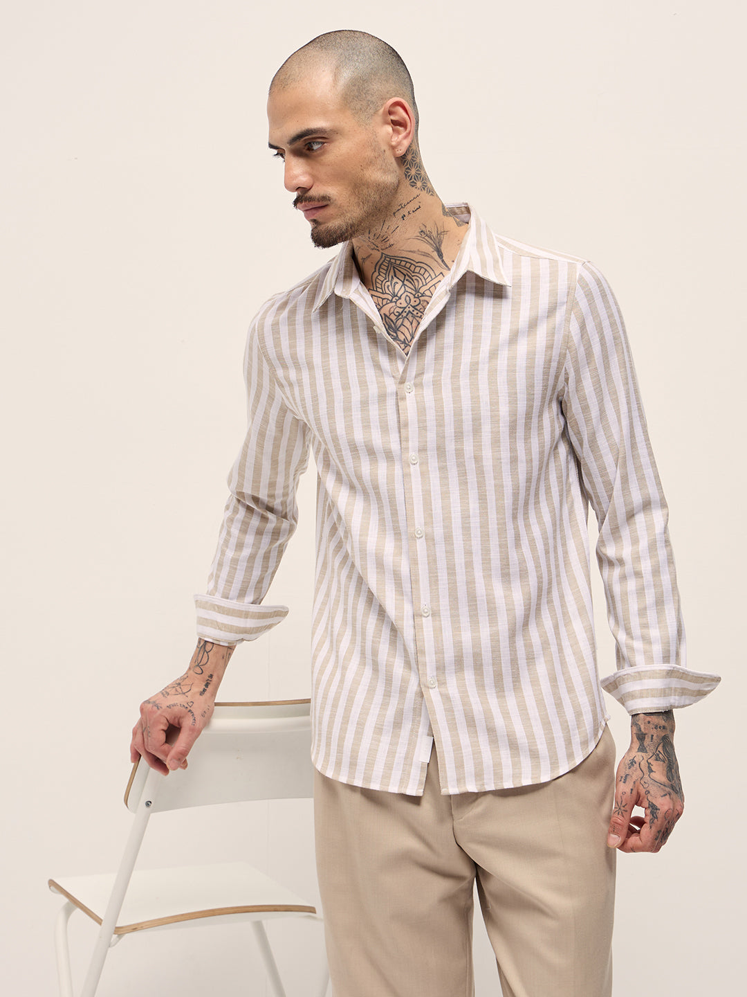 Men Beige Striped Slim Fit Casual Shirt