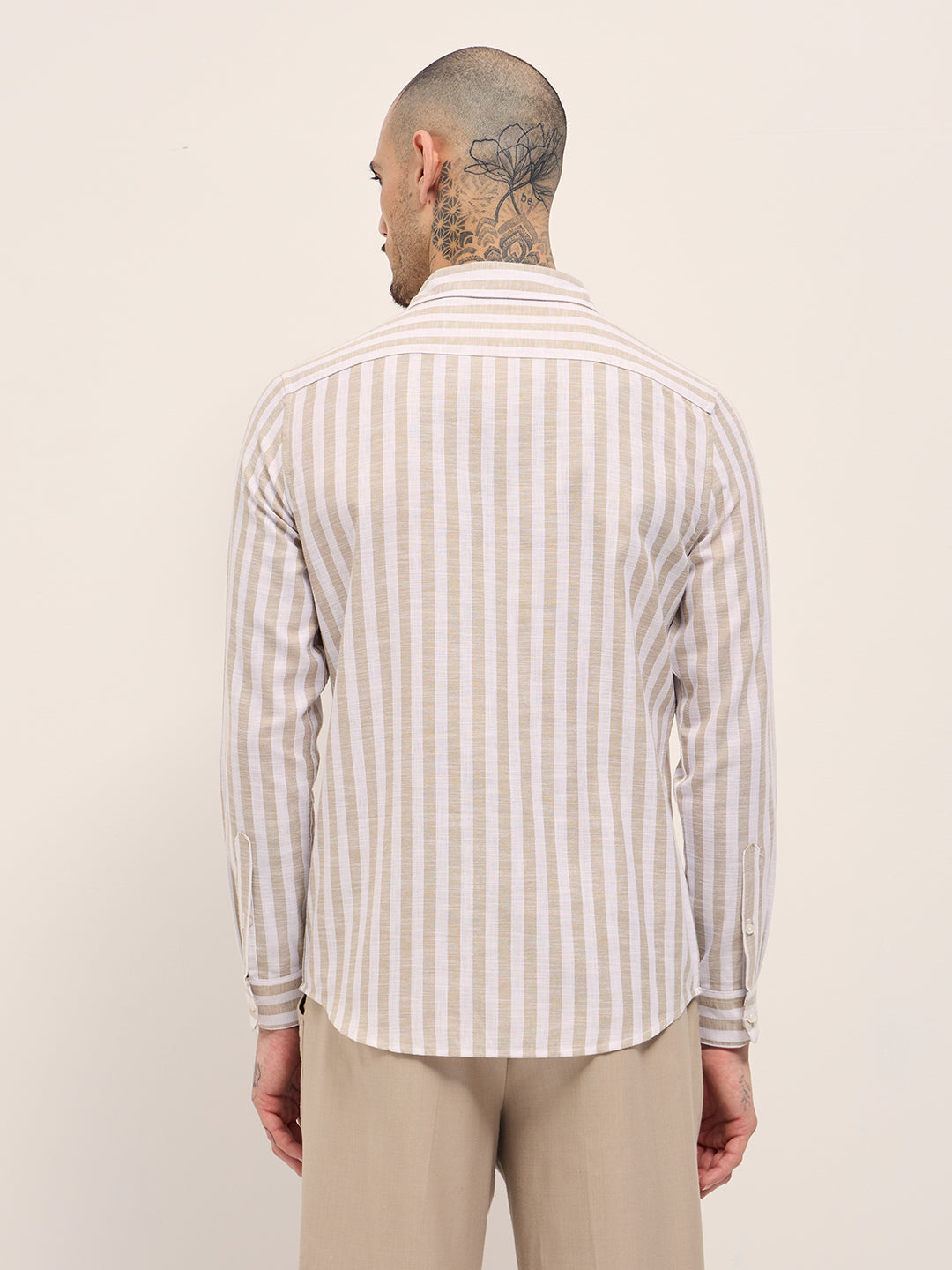 Men Beige Striped Slim Fit Casual Shirt