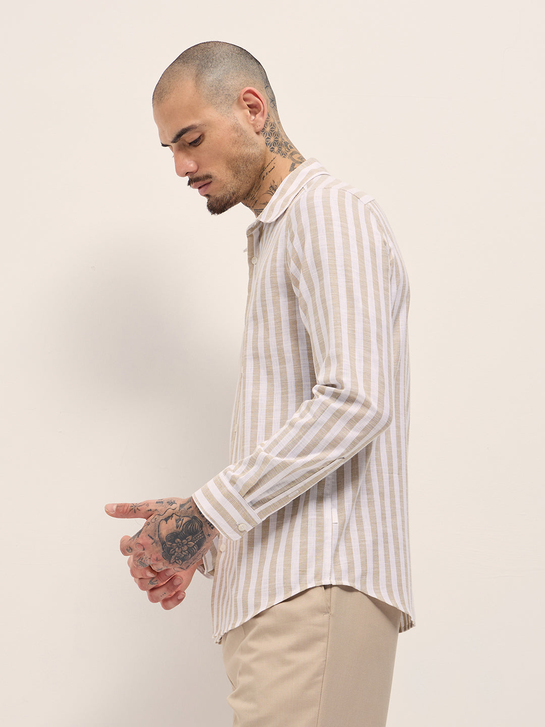 Men Beige Striped Slim Fit Casual Shirt