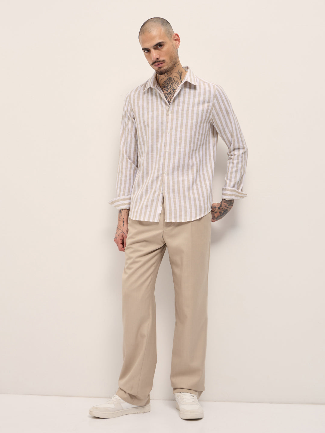 Men Beige Striped Slim Fit Casual Shirt