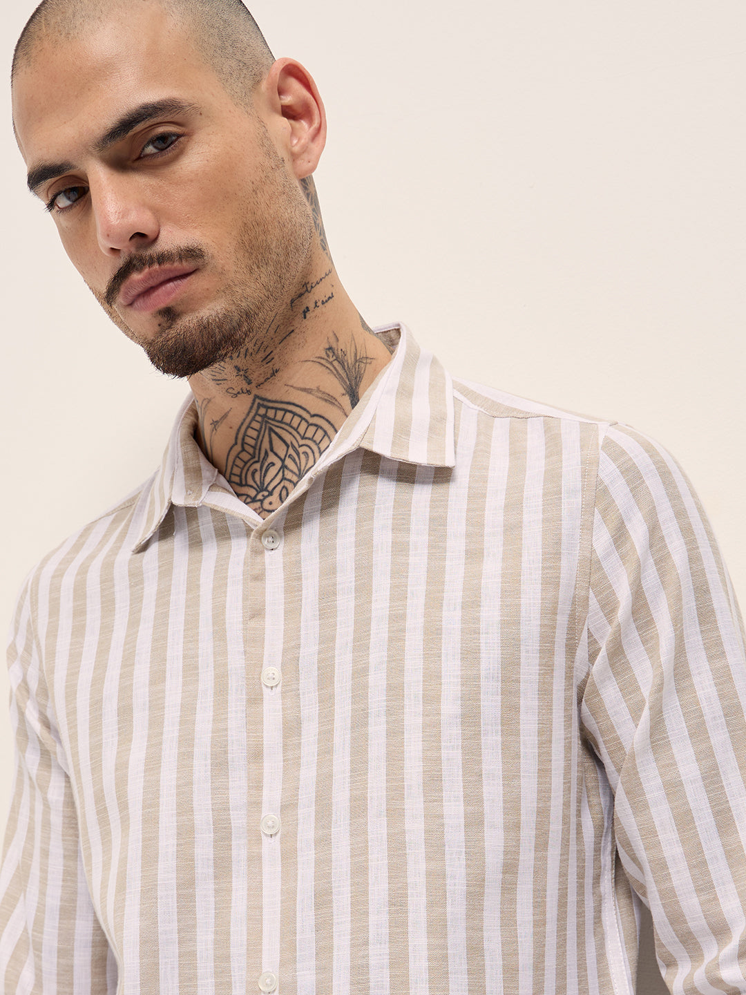 Men Beige Striped Slim Fit Casual Shirt