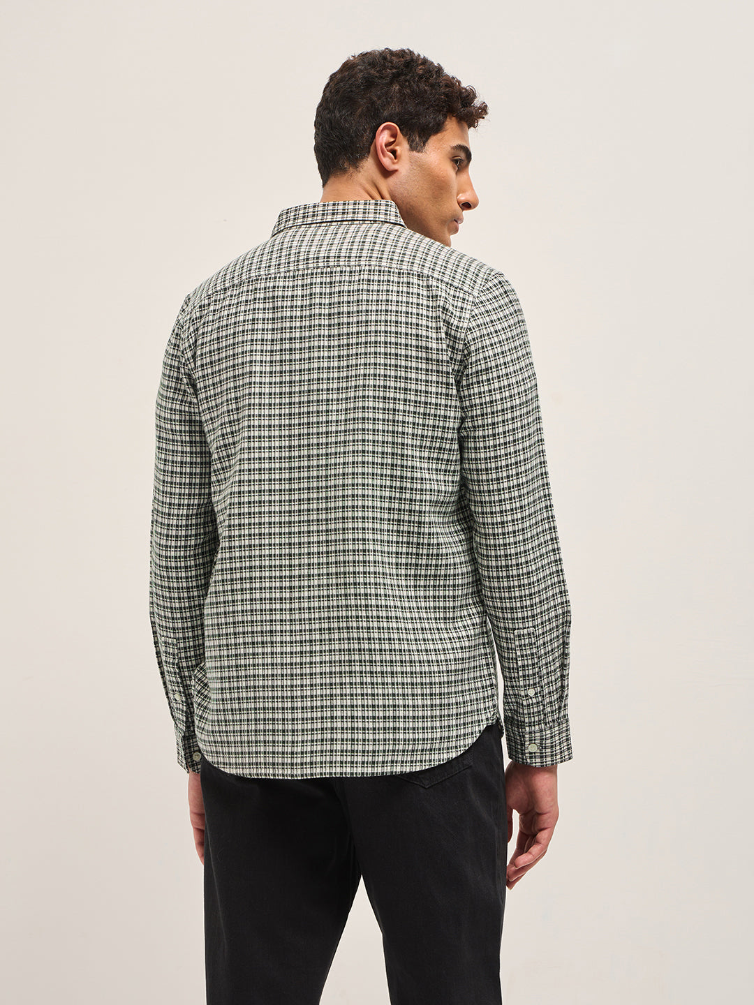 Men Green Textured Checks Design Slim Fit Casual Shirt