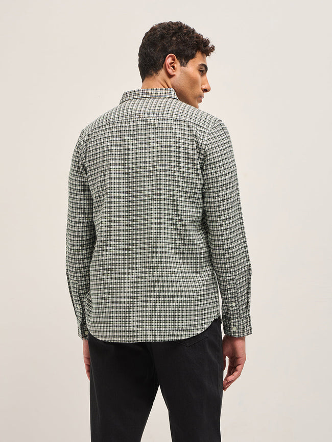 Men Green Textured Checks Design Slim Fit Casual Shirt