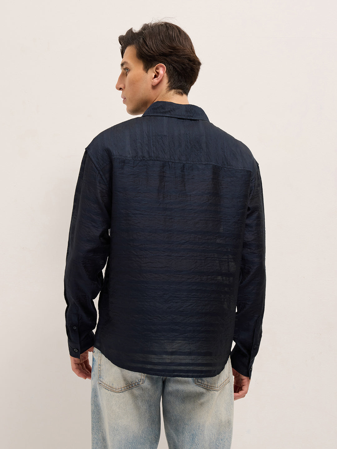 Men Navy Crinkled Horizontal Textured Stripe Relaxed Fit Casual Shirt