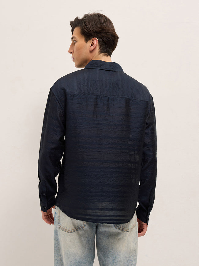 Men Navy Crinkled Horizontal Textured Stripe Relaxed Fit Casual Shirt