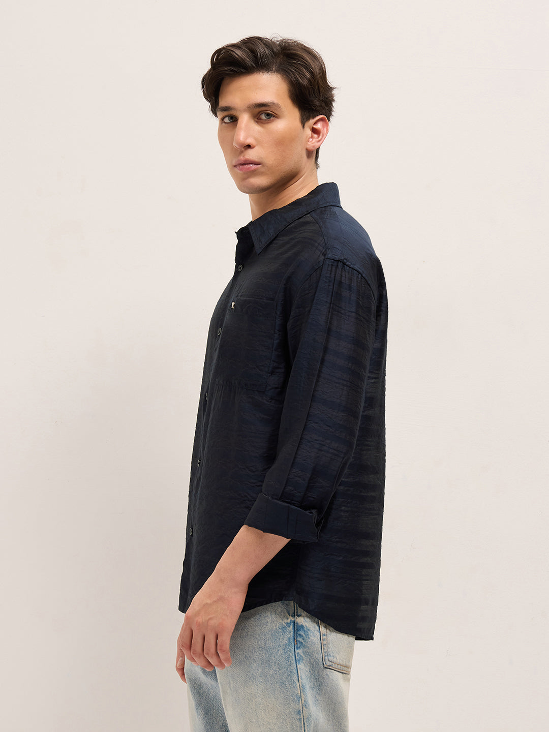 Men Navy Crinkled Horizontal Textured Stripe Relaxed Fit Casual Shirt
