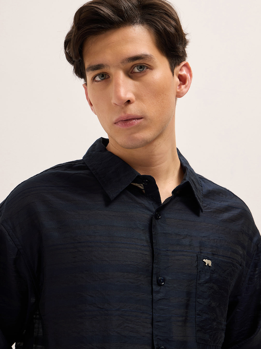 Men Navy Crinkled Horizontal Textured Stripe Relaxed Fit Casual Shirt