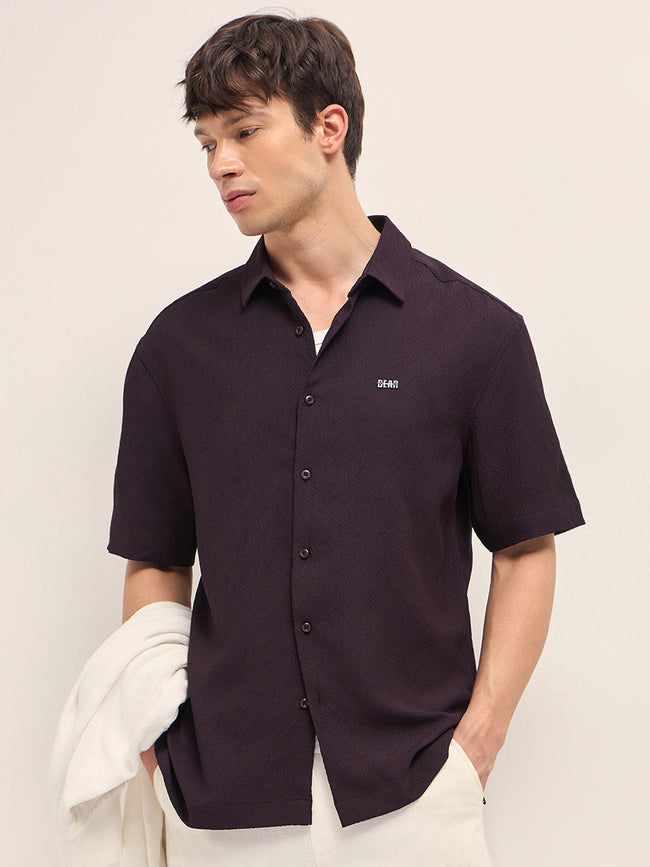 Men Maroon Polyester Textured Shirt