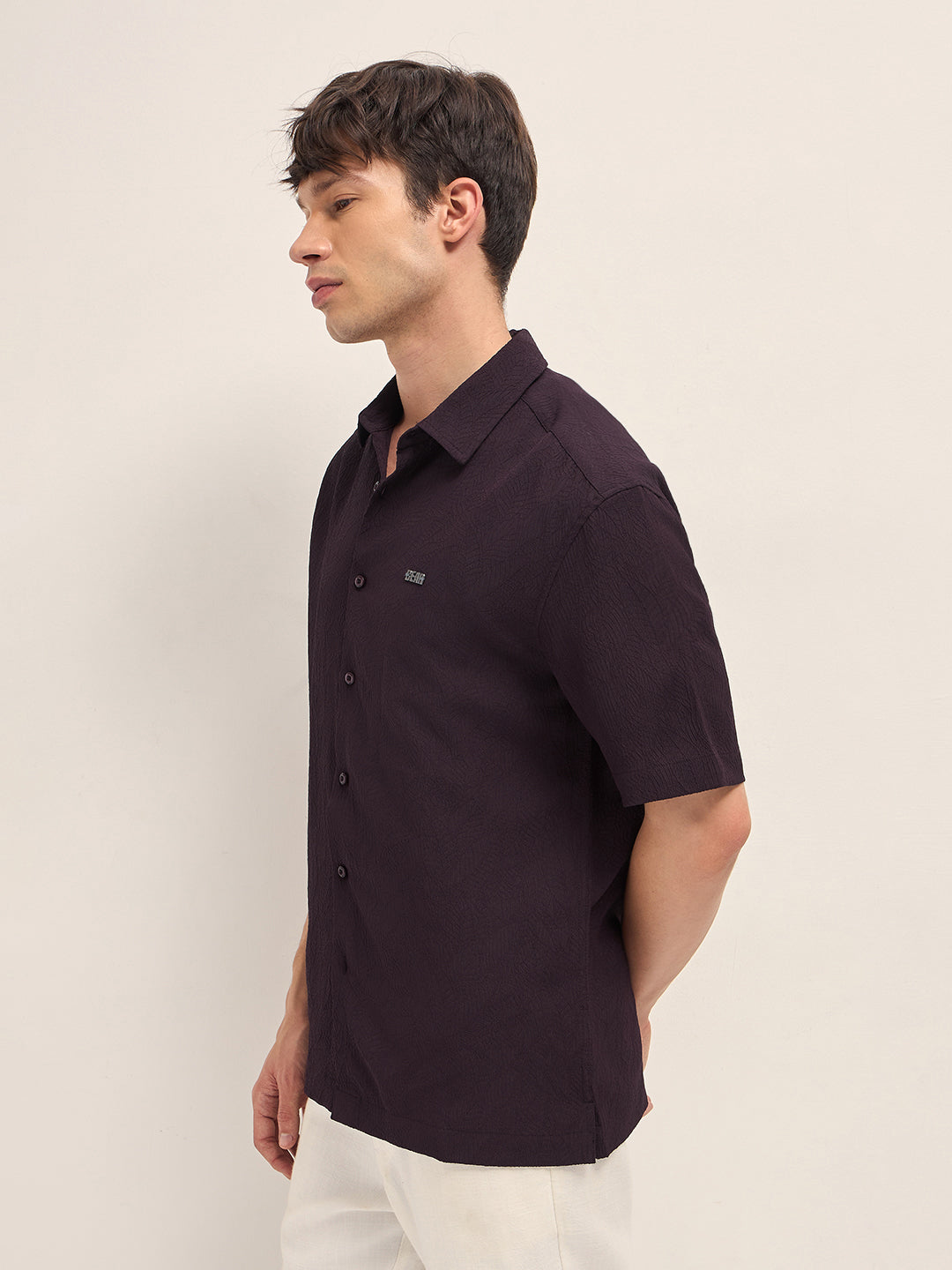 Men Maroon Polyester Textured Shirt