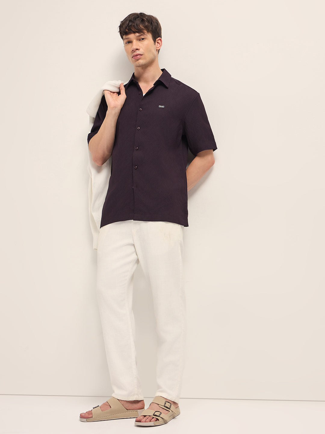 Men Maroon Polyester Textured Shirt