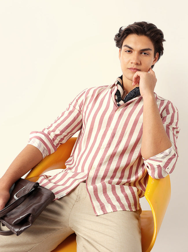Men Pink Viscose Rayon Striped Shirt