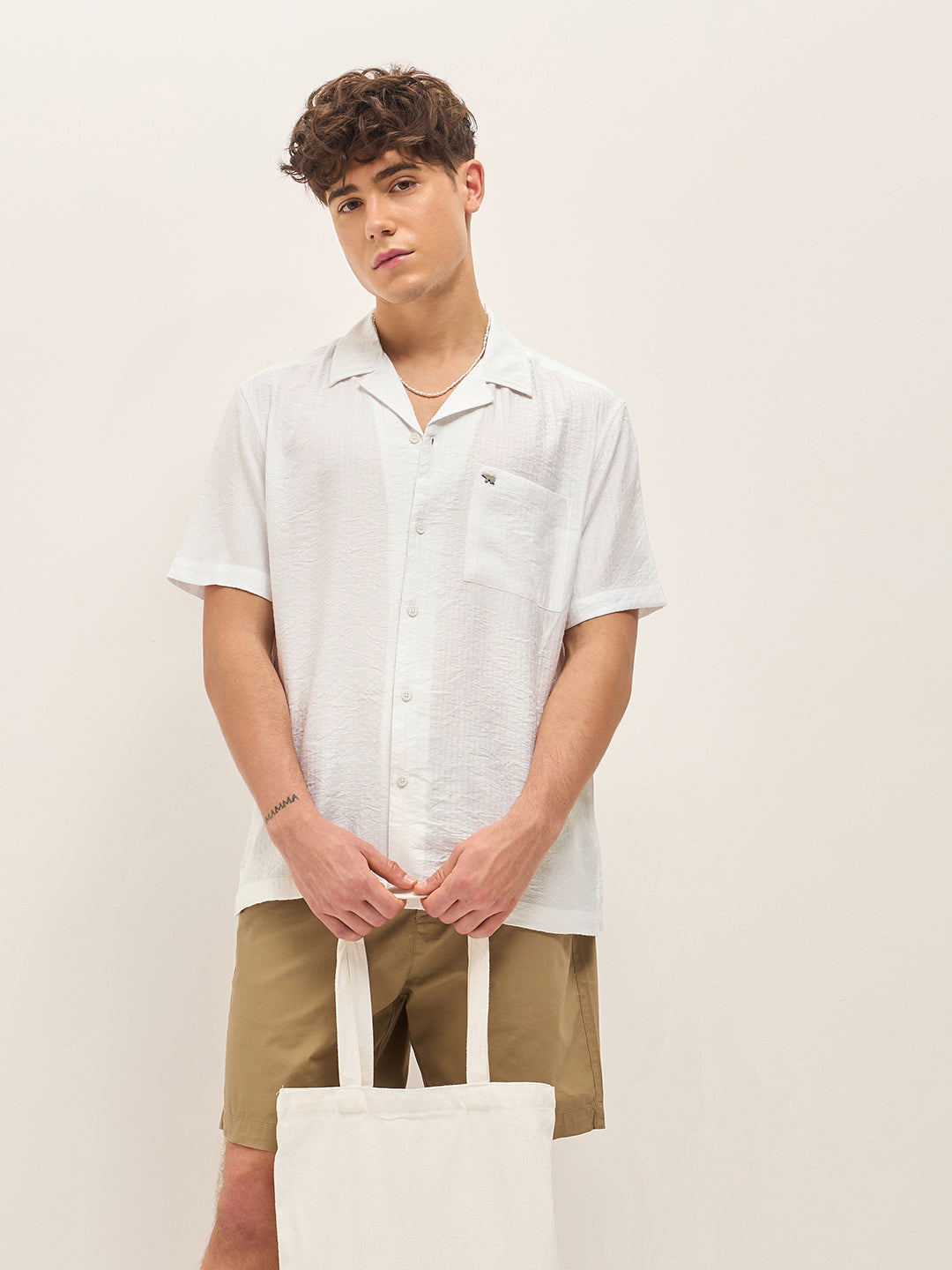 Men White Self Design Regular Fit Casual Shirt