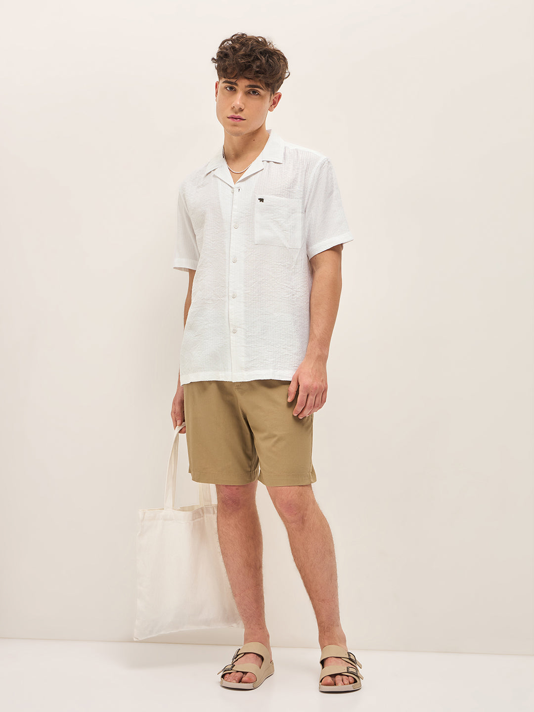 Men White Self Design Regular Fit Casual Shirt