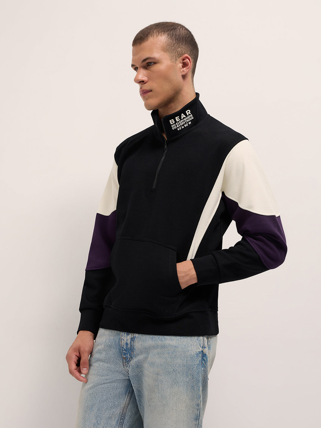 Men Black Regular Fit High Neck T-Shirt