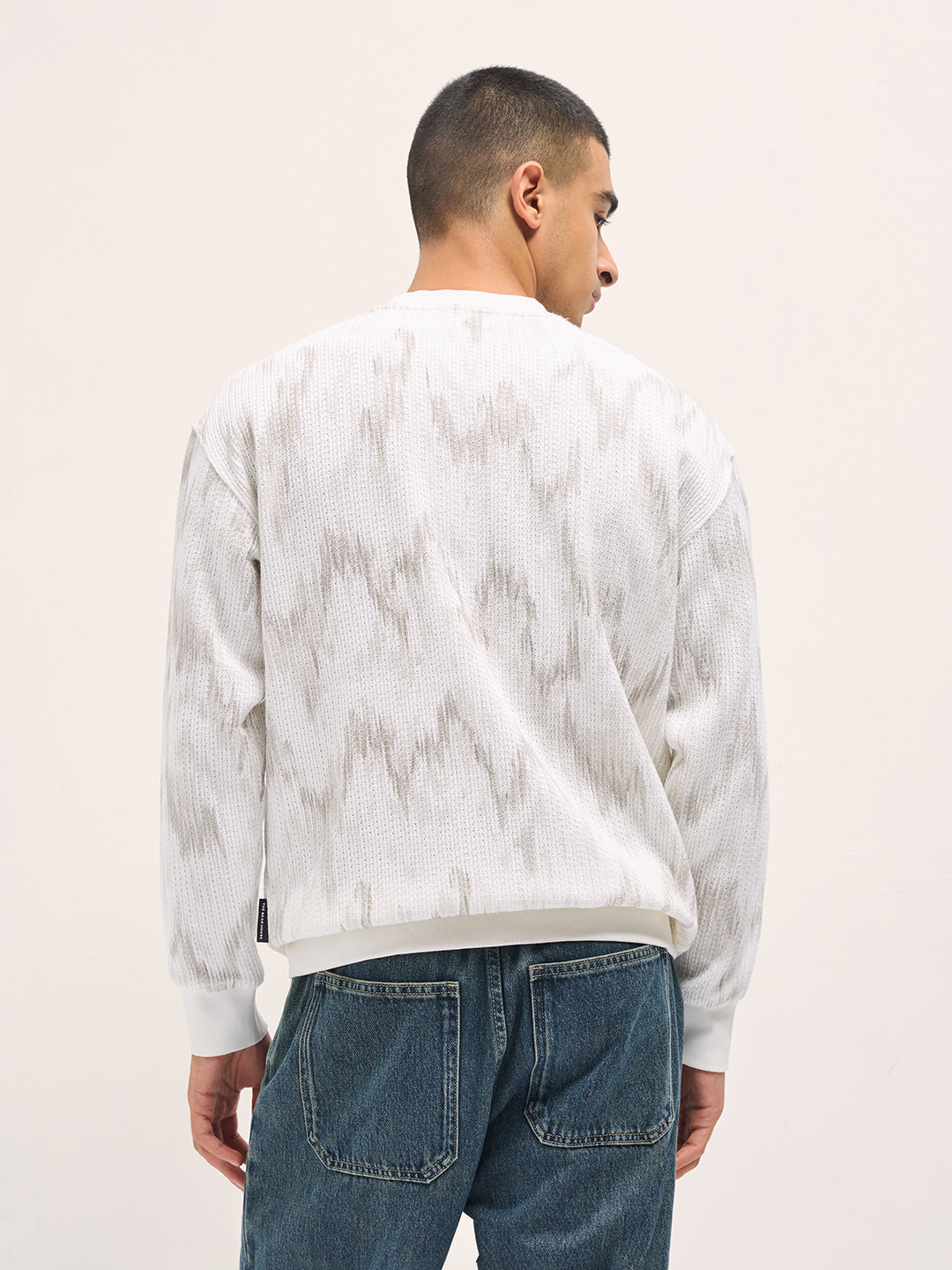 Men White Regular Fit Textured Crew Neck T-shirt